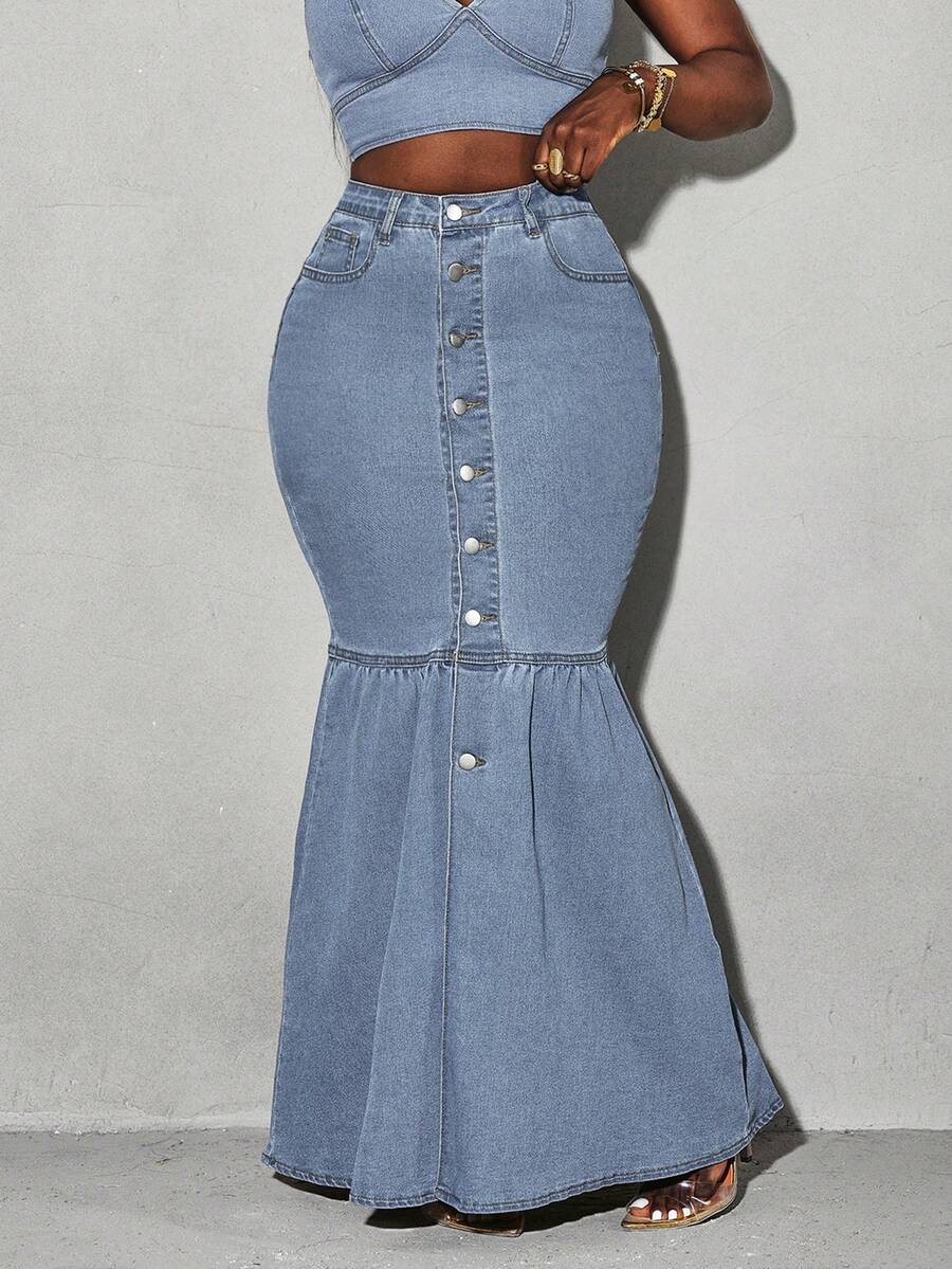Slaydiva Women's Single Button Pocket Fisherman Style Casual Denim Mid-Length Skirt - Light Wash - View 1