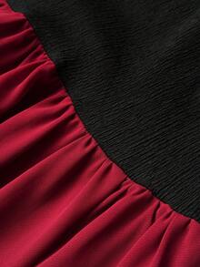 Viva Relle Gaun Ukuran Plus Seksi Warna Burgundy dengan Blok Warna dan Lengan Mengembang yang Mengencangkan Pinggang untuk Musim Gugur - Burgundy - View 7