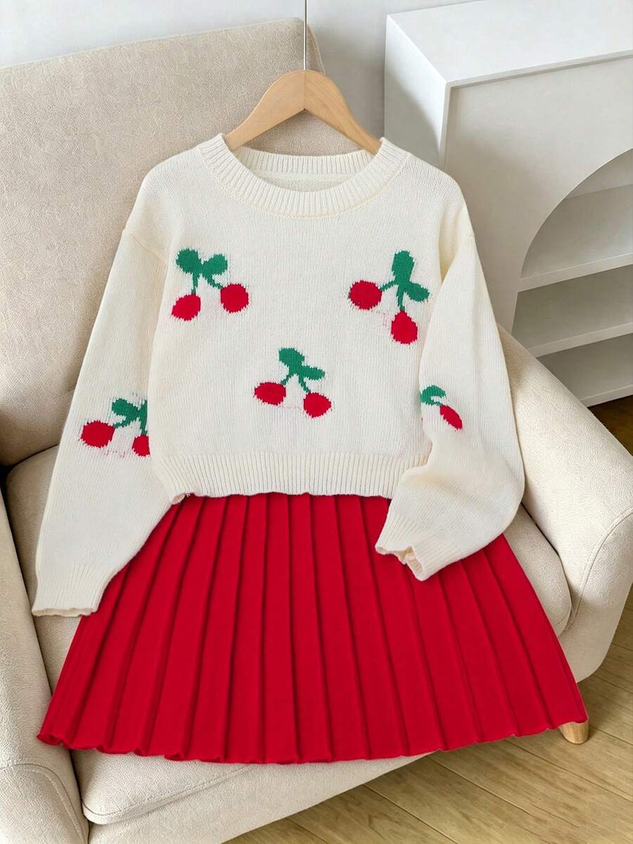 青少年女孩灰色刺繡圓領套頭毛衣與百褶裙針織套裝,柔軟舒適,適合日常穿著、外出、旅行、度假與居家 - 紅色 - 查看 1
