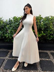 Shopreo Women Elegant Pleated Tight-Fitting A-Line Dress,Summer Dresses For Women,Tea Party Dress - Apricot - View 1