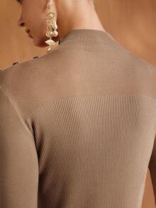 MOTF PREMIUM WOMEN'S AUTUMN/WINTER MINIMALIST VERSATILE SOLID COLOR STAND COLLAR BUTTON DECOR SLIM FIT SWEATER - Brown - View 7