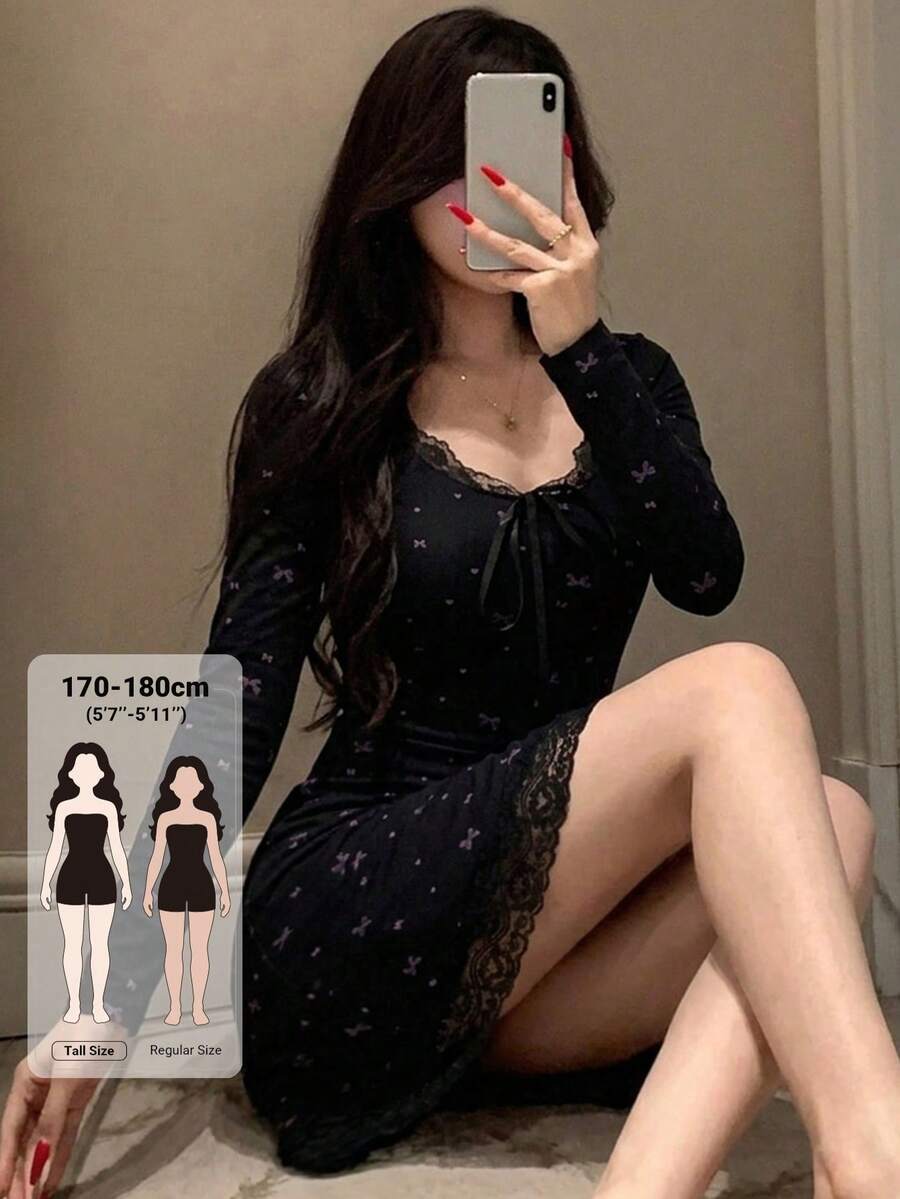 Dazy Tall Gaun Pendek Wanita Ukuran Besar dengan Leher Bulat, Lengan Panjang, Pita, Motif Penuh, dan Patchwork Renda, Cocok untuk Musim Gugur - Hitam - View 1