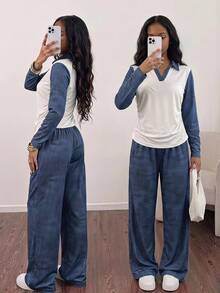 SHEIN Explorewe Conjunto de camiseta y pantalones con bloques de color y patchwork para adolescentes - Azul - Ver 1