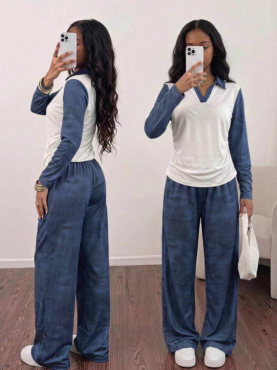 SHEIN Explorewe Conjunto de camiseta y pantalones con bloques de color y patchwork para adolescentes - Azul - Ver 1