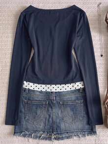 Teen Girl Teen Girls Knitted Royal Blue Patchwork Polka Dot Casual Long Sleeve T-Shirt - Navy Blue - View 2
