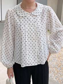 Dazy Plus 彼得潘領格紋休閒韓系學院風短袖大尺碼女款藍色襯衫 春夏秋 - 白色 - 查看 5