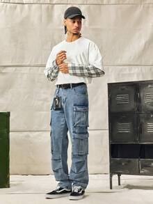 Norleigh Men's Casual Washed Straight Leg Cargo Jeans - Light Wash - View 4
