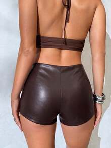 Aloruh Women's Ultra Low Waist Music Festival Hot Sexy Super Short Shorts With Rivets, Cutouts, Tie Dye PU Brown Hot Pants - Brown - View 2