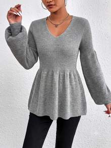 Cloudara Lantern Sleeve Peplum Sweater - Light Grey - View 3