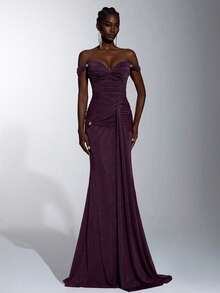Elitara Elegantes luxuriöses glänzendes feines Glitzer-Mesh-Abendkleid mit Herz-Ausschnitt, Spaghettiträgern, Metallverzierung, Taillen-Twist, seitlich drapiertem Volant, stark verziert, geeignet für Date, Urlaub, Junggesellinnenabschied, Hochzeit und Event - Dunkelviolett - Übersicht 6