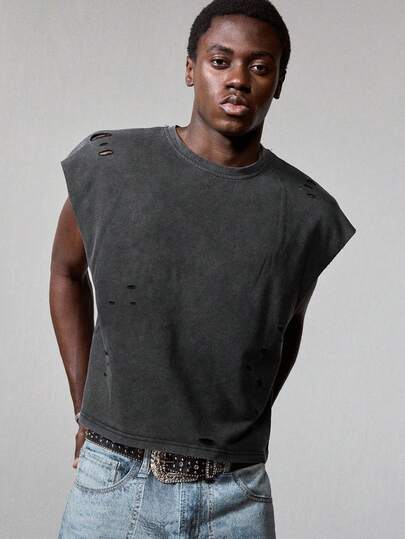 Street Life Camiseta de tirantes de moda para hombre de unicolor con cuello redondo, diseño desgastado y mangas de murciélago