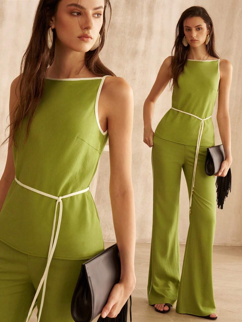 MOTF CONTRAST BINDING BELTED SLEEVELESS TOP