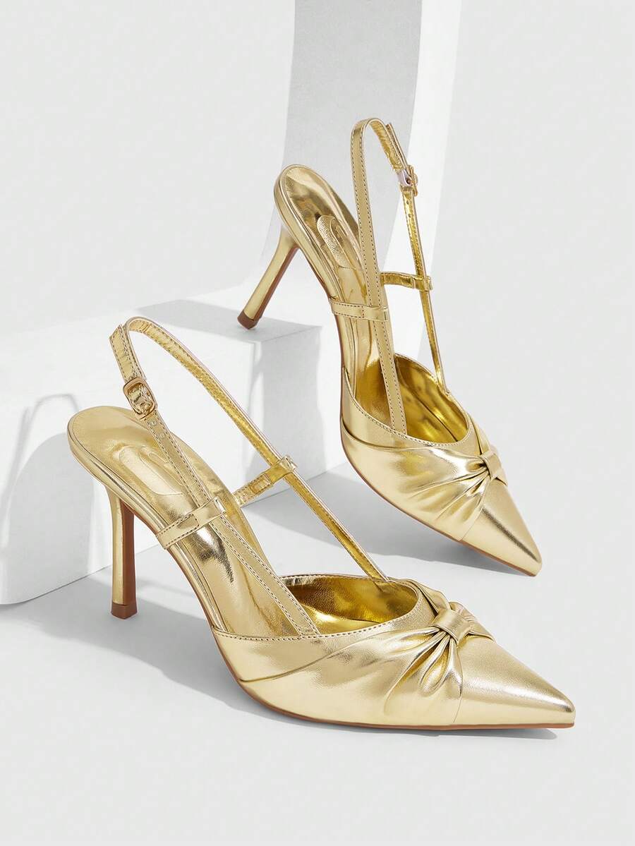 CUCCOO SZL Women's Shoes Light Gold PU Knotted Design Pointed Fashion Daily Versatile Elegant High Heels Fall Shoes - Light gold - View 1