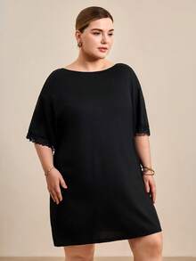 Hourtrue Camisola Casual de Malha Preta com Renda Plus Size, Moo Moo - Preto - Visão 3
