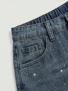SHEIN Teen Girl Fashion Rhinestone Button Pocket Denim Shorts For Daily Wear - Dark Wash - View 3