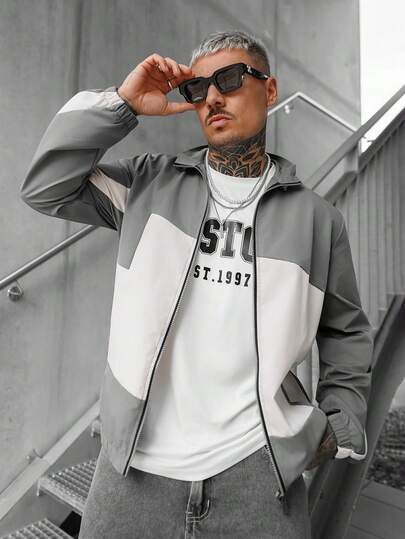 Artur Kramer Men's Long Sleeve Casual Zip-Up Contrast Color Drawstring Mock Neck Jacket, Spring Autumn Outdoor Windbreaker, For Fall