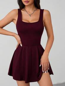 SHEIN PETITE 女款無袖下擺口袋短褲黑色連身褲 - 中紫紅色 - 查看 4