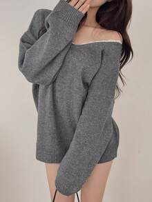 DAZY Sweater Rajut Kasual Lengan Panjang Leher V Longgar dengan Pita Besar dan Renda Warna Kontras Patchwork untuk Wanita, Musim Gugur/Dingin - Grey - View 3