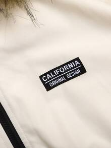 SHEIN Tween女孩秋冬休閒街頭風連帽拼接羅紋收腰口袋保暖內裡加厚中長版夾克外套，精緻優雅奶油白 - 杏色 - 查看 6