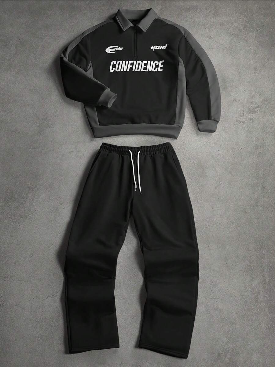 SLATEMANN Conjunto de sudadera y pantalones de chándal con bloques de color y patchwork para hombre - Negro - Ver 1