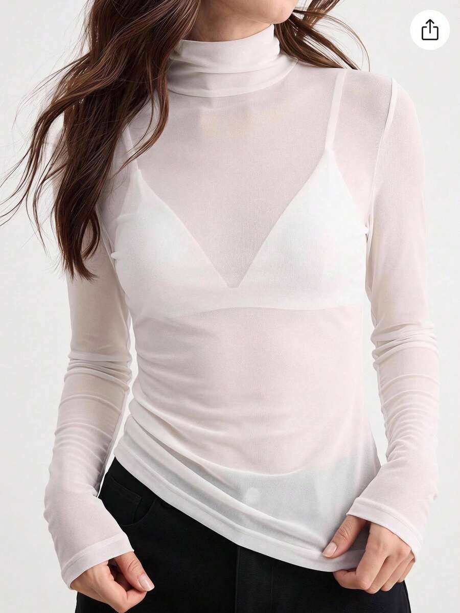 Ontre Women's Outfit, Beach Outfit, Holiday Outfit, Country Style, Country Music Concert, 2026SS Stockholm Style, Women's Teacher Outfit, Women's Clothing, High Neck Turtleneck Knit Top, Elegant Summer Blouse, White Mesh Long Sleeve Blouse, Business Casual Women's Basic Top - White - View 1