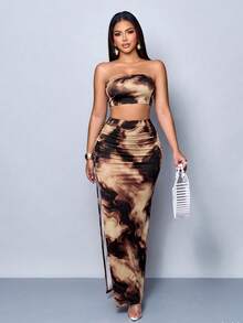 SOLERSUN Women's Marble Print Tube Top Split Bodycon Maxi Skirt Two Pieces SetPerfect Vacations And Parties Party Club Brown Checkered Summer Sexy - Multicolor - View 5