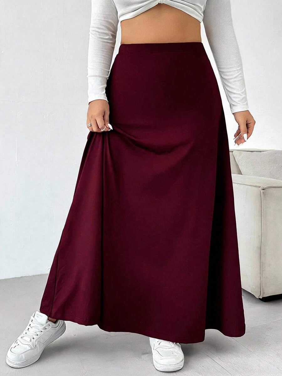 SHEIN EZwear 大尺碼休閒傳統優雅百搭純色長裙 正式派對酒紅色 秋冬款 - 酒紅色 - 查看 1