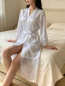 Ice Silk Satin Lace Robe, V Neck Belted Kimono Robe, Lightweight Breathable Loungewear Bathrobe, With Matching Panties - White - View 5