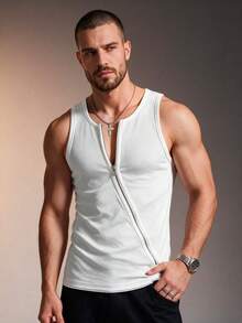 ZURIURI Men's Summer Sleeveless Tank Top - Ribbed Front Zipper Slim Fit, Fitness Training Sports Top - White - View 6