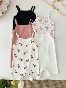 SHEIN Set de 5 piezas de mono informal para bebé niña con patrón de corazón de unicolor tejido - Multicolor - Ver 5