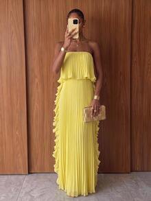 Lumalex New Spring/Summer Pleated Lemon Yellow Lace Trim Bandeau Long Dress Dinner Day Party Elegant - Light Yellow - View 2