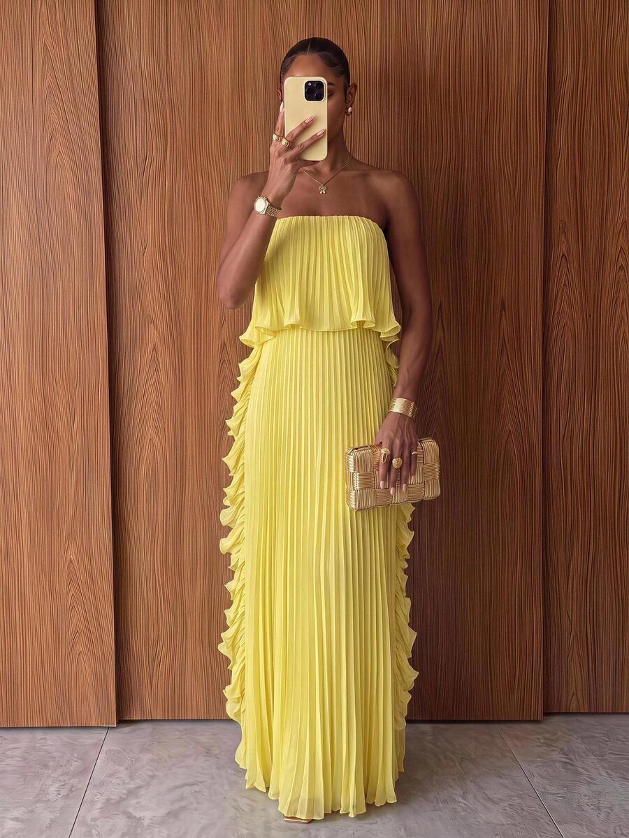 Lumalex New Spring/Summer Pleated Lemon Yellow Lace Trim Bandeau Long Dress Dinner Day Party Elegant