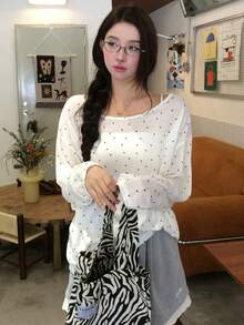 Dazy Tall Women's Large Scoop Neck Long Sleeve Polka Dot Casual Pullover T-Shirt Fall - White - View 8