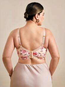 Hourtrue 1pc Plus Size Women Lace Patchwork Wireless Bra, Comfortable & Minimalist Design, Knitted Fabric - Apricot - View 2