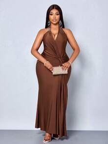 SOLERSUN V-Neck Halter Backless Mermaid Long Dress, Metal Buckles Flowing Satin Ribbons, Parties Formal Wedding Guest Evening Events Brown Summer Elegant - Coffee Brown - View 4