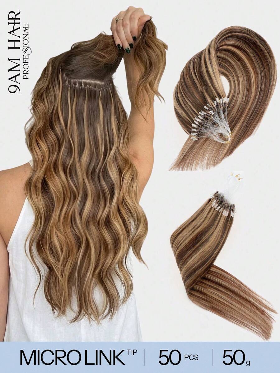 50g 50 mechones de extensiones de cabello con punta de micro enlace, 100% cabello humano real, 16-24 pulgadas, extensiones de cabello con punta de micro enlace invisible Remy de fusión en frío, color resaltado #4P27, textura larga y recta, instalación de fusión en frío, volumen construible, cosplay,
