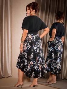 Cravure Plus Size Women's V-Neck Short Hem Asymmetrical Print Dress Wedding Theme Party Guest Evening Formal Black Summer Elegant Celestial - Black - View 2