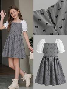 Elladie kids 少女夏季休闲时尚连衣裙，白色泡泡袖梭织面料，白色泡泡袖短袖拼接灰色蝴蝶结印花连衣裙，适合夏季返校季，甜美可爱，优雅淑女风，日常、返校、外出、度假、摄影皆宜 - 灰色 - 查看 5