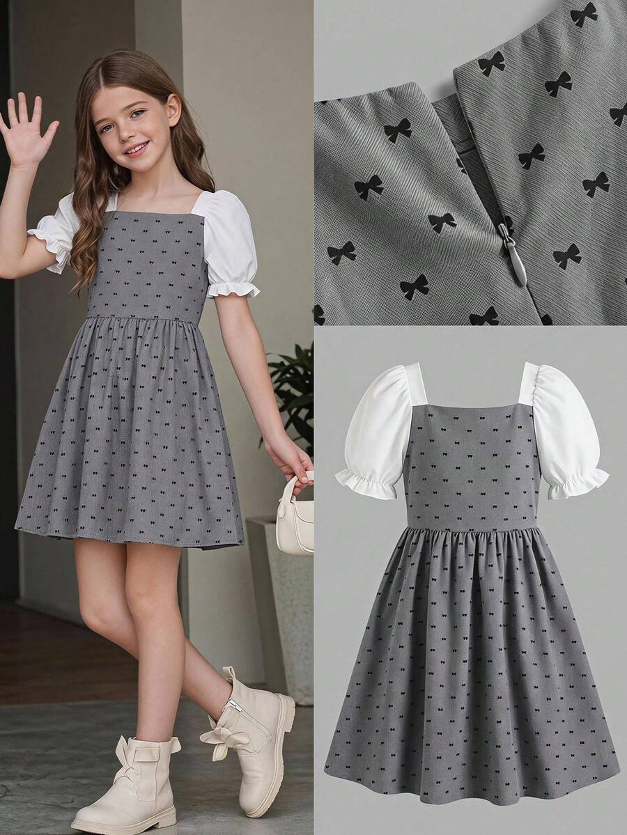 Elladie kids 少女夏季休闲时尚连衣裙，白色泡泡袖梭织面料，白色泡泡袖短袖拼接灰色蝴蝶结印花连衣裙，适合夏季返校季，甜美可爱，优雅淑女风，日常、返校、外出、度假、摄影皆宜