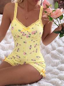 CottageSlumber Romantic Ditsy Floral Women's One-Piece Pajamas Pink Lace Cute Print Loungewear - Yellow - View 5