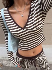 MainGRL 女款V領棕色條紋拼接長袖上衣與長褲休閒街頭風Y2K日常套裝，適合日常通勤秋季穿著 - 彩色 - 查看 4