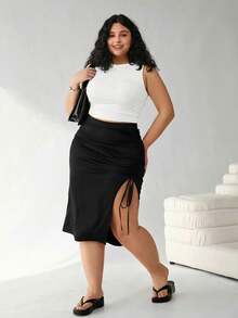 Solflare 2pcs/Set Plus Size Women Black Sleeveless Tank Top & Drawstring Waist Skirt Clothes, Spring Summer - Black and White - View 4