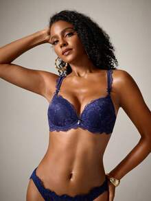 DreamPoppy 1pc Lace Floral Comfortable Padded Underwire Bra, Sexy Lift-Up Lingerie - Blue - View 6