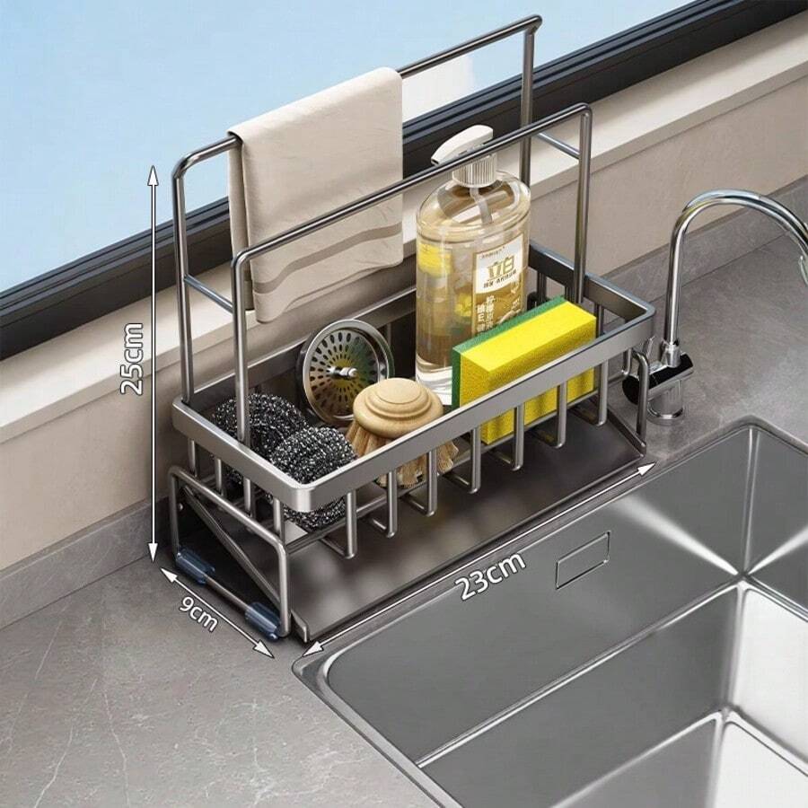 Kitchen Storage Rack, Sink Cloth Holder, Draining Rack For Dishwater, Carbon Steel Faucet, Storage Rack For Dishwashing Detergent, Steel Wire Ball For Cleaning, All-In-One Handy Device. - B - View 1