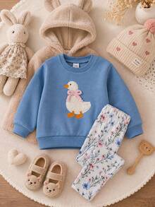 SHEIN 女嬰加厚抓絨套頭運動衫，可愛鴨子刺繡圖案，搭配百搭花朵彈性印花內搭褲套裝，適合冬季 - 藍色 - 查看 3