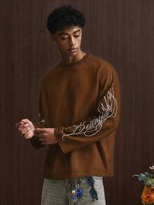 TOKVUE Men's Young Casual Vintage Font Print Long Sleeve Brown T-Shirt - Brown - View 5