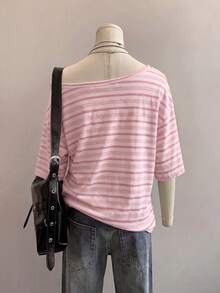 SHEIN EZwear 休閒簡約條紋粉色印花女款不對稱肩T恤 - 彩色 - 查看 5