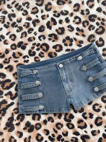 Elamini Women's Summer Fashion Napoleon Style Button Washed Denim Shorts - Medium Wash - View 1