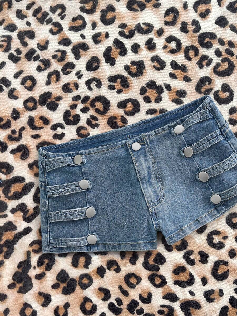 Elamini Women's Summer Fashion Napoleon Style Button Washed Denim Shorts - Medium Wash - View 1