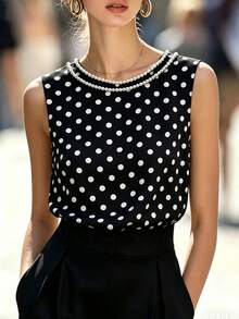 SHEIN Women's Elegant Faux Pearl Beaded Polka Dot Print Camisole For Summer Office Black And White Polka Dot - Black - View 7